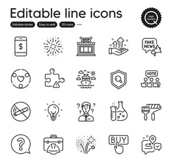 Set of Business outline icons. Contains icons as Fireworks explosion, Question mark and Paint roller elements. Analysis graph, Inclusion, Chemistry flask web signs. Support consultant. Vector