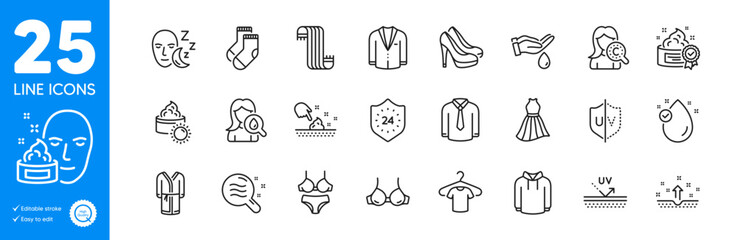 Outline icons set. Sleep, T-shirt and Clean skin icons. Face cream, Uv protection, Shirt web elements. 24 hours, Vitamin e, Lingerie signs. Uv protection, Bra, Dress. Sun cream, Hoody, Scarf. Vector