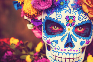 Colorful candy sugar skulls with flowers on Day of the Dead festival in Mexico.