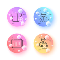Honeymoon cruise, Delivery discount and Add gift minimal line icons. 3d spheres or balls buttons. Calendar icons. For web, application, printing. Romantic cruiser, Courier, Present box. Vector