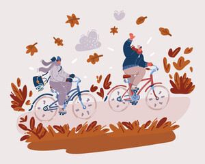 Vector illustration of Happy young couple are riding bikes in cold weather. Man and woman in winter or autumn clothes with scarfs are cycling.