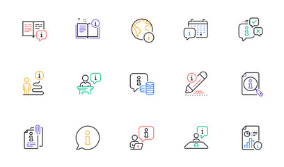 Info center line icons. Reception information, Journey path, Guide book. Call center, Faq chat bubbles, Info help desk icons. Search information and Customer help service. Vector