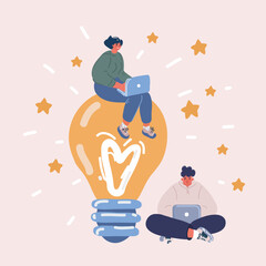 Vector illustration of people working with bulb light. Idea concept