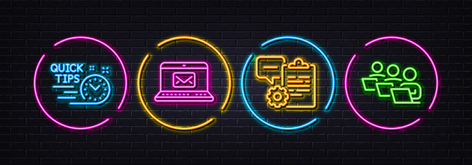 Quick tips, Clipboard and E-mail minimal line icons. Neon laser 3d lights. Teamwork icons. For web, application, printing. Helpful tricks, Edit document, New message. Remote work. Vector