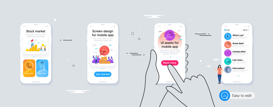 Chat app, Parking security and Smartphone minimal line icons. Phone ui interface. Call center, Lock, Favorite mail icons. Inspect, Wallet, Certificate web elements. Vector