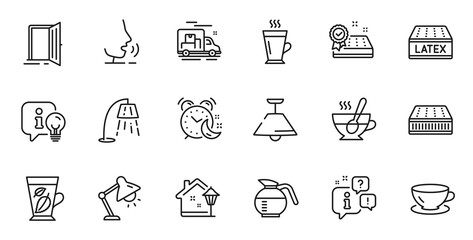 Outline set of Stand lamp, Street light and Espresso line icons for web application. Talk, information, delivery truck outline icon. Include Latte, Latex mattress, Mattress icons. Vector