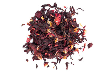 Bunch of dry hibiscus tea isolated on white background