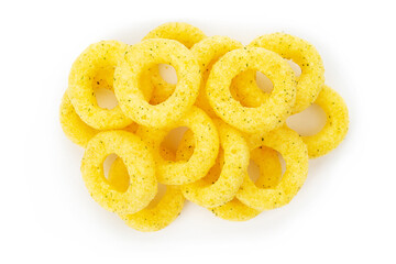 Crispy onion rings, on white background. Design element.