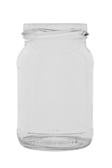 Open empty glass jar for food and canned food. Isolated on white background.