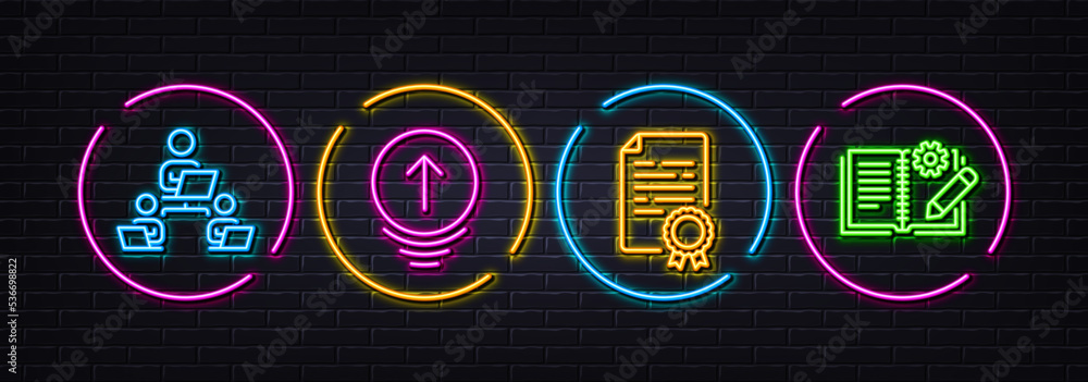 Poster certificate diploma, teamwork and swipe up minimal line icons. neon laser 3d lights. engineering doc