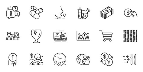 Outline set of Check investment, Market sale and Chemistry lab line icons for web application. Talk, information, delivery truck outline icon. Vector