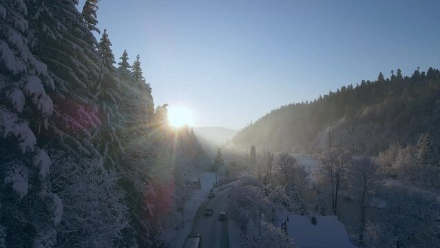 Dawn over the mountains of the Alps, Norway, Carpathians, Chile, Andes. Snow and