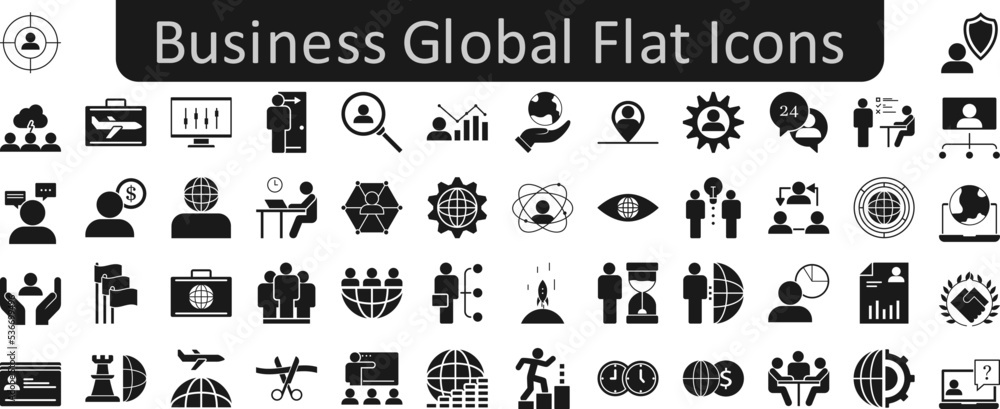 Poster business global flat icons set. web icon set. website set icon vector
