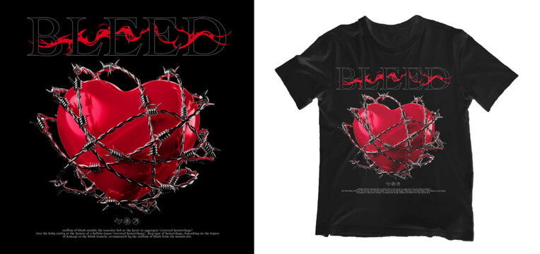 Square poster with heart and barbed wire and text "bleed". Realistic street 3D print for t-shirt, hoodie and sweatshirt. Isolated on black background