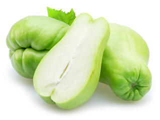 Chayote fruit and half of chayote fruit isolated on white background.
