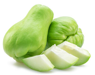 Chayote fruits and chayote slices isolated on white background.