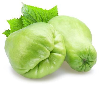 Chayote fruits with leaf isolated on white background.