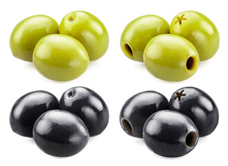 Groups of green and black pitted and whole olives isolated on white background.