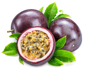 Dark purple passion fruits or maracuja with green leaves on white background.