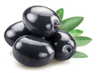 Whole black olives with olive leaves isolated on white background.