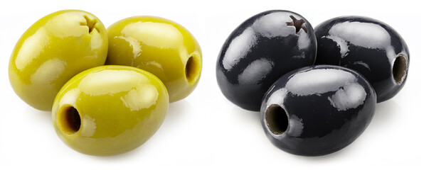 Green and black pitted olives isolated on white background.
