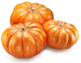 Orange round pumpkins isolated on white background.  File contains clipping path.