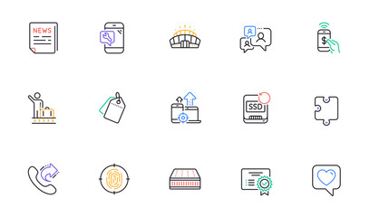 Support chat, Recovery ssd and Arena stadium line icons for website, printing. Collection of Seo devices, Phone repair, Fake news icons. Share call, Heart, Certificate web elements. Vector