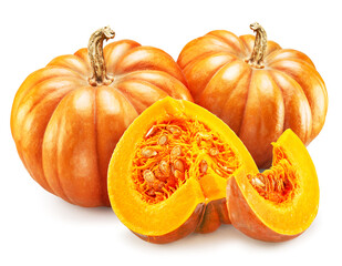 Orange round pumpkins and pumpkin slices isolated on white background.