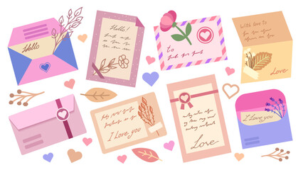 Colorful flat envelops and postcards. Love letters with hearts, flowers, and leaves. Love, friendship and greeting letters for web, social media, crafts, printing design and other.
