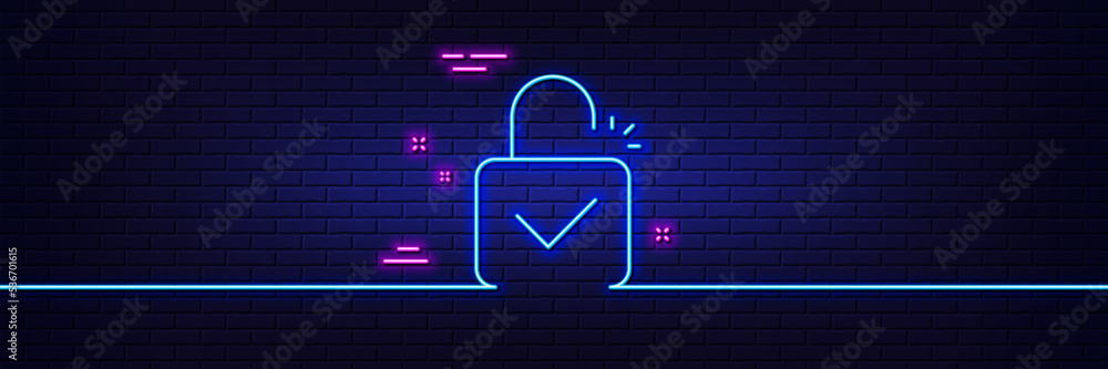 Poster neon light glow effect. lock line icon. padlock approved sign. security access symbol. 3d line neon 