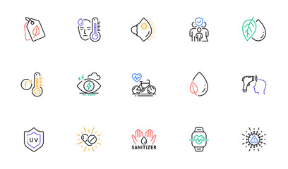 Electronic thermometer, Bio tags and Uv protection line icons for website, printing. Collection of Medical drugs, Medical mask, Cardio bike icons. Coronavirus, Mineral oil. Vector