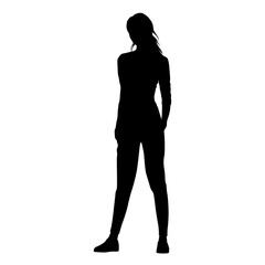 Vector silhouette of business woman standing, profile, black color, isolated on a white background