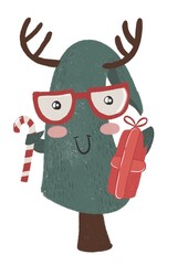 Illustration d’un drôle de sapin de Noël déguisait en Renne, il porte de grosse lunette rouge et des cornes (bois). Ce personnage apporte joie et bonne humeur. Il tient un sucre d’orge et un cadeau.