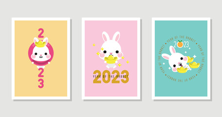 Happy Chinese new year 2023, the year of the rabbit zodiac. Little bunny greeting card, poster, banner, brochure, calendar. (Translation : Happy new year, Year of rabbit)