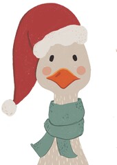 Illustration d’une dinde de Noël vêtu d’une écharpe verte et du classique bonnet du père Noël rouge à pompom. Cette carte drôle et mignonne permettra d’envoyer vos vœux, à votre famille et amis.