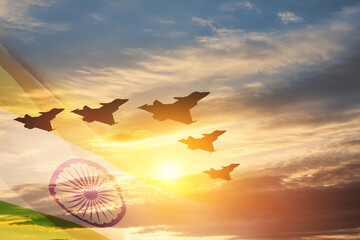 Indian Air Force Day. Indian jet air shows on background of sunset with transparent Indian flag....