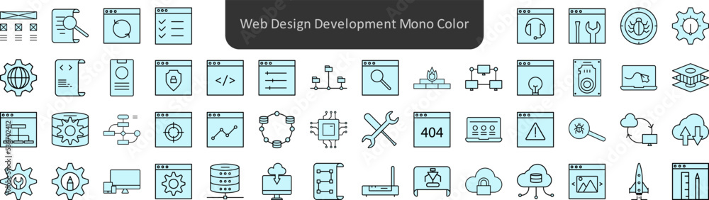 Poster web design development mono color icons set. web icon set. website set icon vector