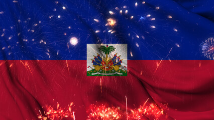 Haiti flag seamless animation with fireworks. Best stock of Haitian flag nation wave. Independence...