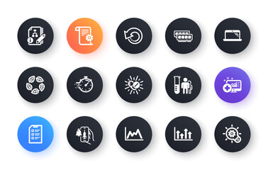 Minimal set of Technical documentation, Medical analytics and Recovery data flat icons for web development. Medical analyzes, Checklist, Algorithm icons. Timer, Laptop, Ram web elements. Vector