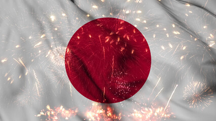 Japan flag seamless animation with fireworks. Best stock of Japanese flag nation wave. Independence day, a happy new year with fireworks and flag background Waving in the Wind Continuously