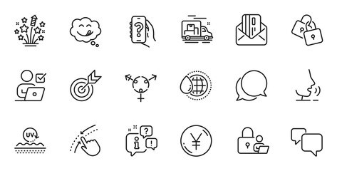 Outline set of Fireworks stars, Yen money and Speech bubble line icons for web application. Talk, information, delivery truck outline icon. Include Credit card, Genders, Lock icons. Vector
