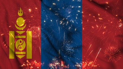 Mongolia flag seamless animation with fireworks. Best stock of Mongolian flag nation wave. Independence day, a happy new year with fireworks and flag background Waving in the Wind Continuously