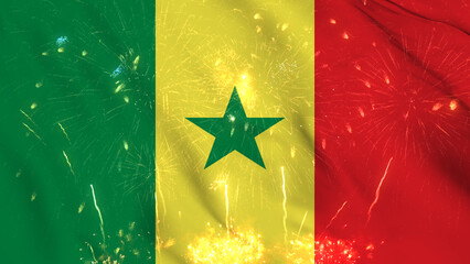 Senegal flag seamless animation with fireworks. Best stock of Senegalese flag nation wave. Independence day, a happy new year with fireworks and flag background Waving in the Wind Continuously