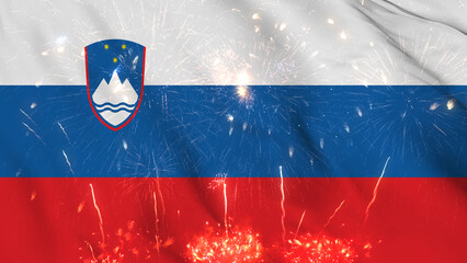 Slovenia flag seamless animation with fireworks. Best stock of Slovenian flag nation wave. Independence day, a happy new year with fireworks and flag background Waving in the Wind Continuously