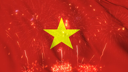 Vietnam flag seamless animation with fireworks. Best stock of Vietnamese flag nation wave. Independence day, a happy new year with fireworks and flag background Waving in the Wind Continuously