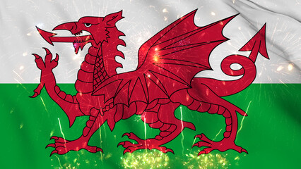 Wales flag seamless animation with fireworks. Best stock of Welsh flag nation wave. Independence day, a happy new year with fireworks and flag background Waving in the Wind Continuously