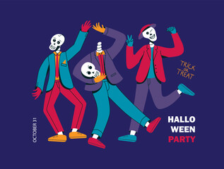 Funny skeletons dancing. Halloween party concept vector illustration for poster, invitation, card, banner