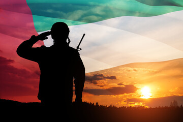 Silhouette of soldier saluting on background of UAE flag and the sunset or the sunrise. Closeup. Concept of national holidays. Commemoration Day.