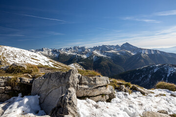 Fototapeta na wymiar Panoramic view on Tatra Mountains in Poland towards Czerwone Wierchy.