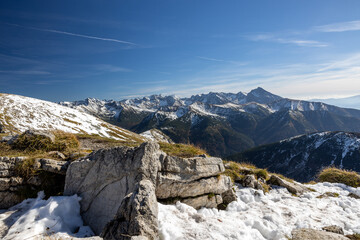 Obraz premium Panoramic view on Tatra Mountains in Poland towards Czerwone Wierchy.
